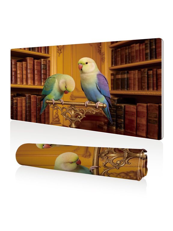 Mouse Pad 80x40cm Extra Large Non Slip Stitched Durable Easy Clean Cute Parrots on Golden Stand with Bookshelf Background for Gaming Office