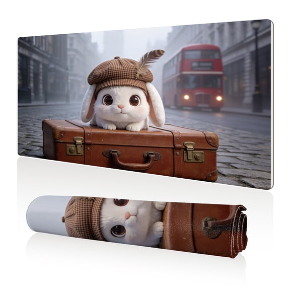 LIVEKEY Mouse Pad 80x40cm Extra Large Non Slip Stitched Durable Easy Clean Cute Rabbit Vintage Suitcase Red Double Decker Bus Foggy London Street Scenic Pattern for Gaming Office