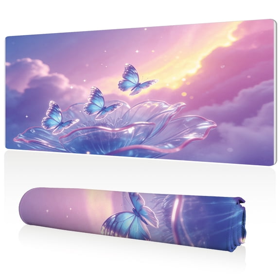 LIVEKEY Mouse Pad 80x40cm Extra Large Non Slip Stitched Durable Easy Clean Dreamy Crystal Flower Blue Butterflies Sky Pattern for Gaming Office