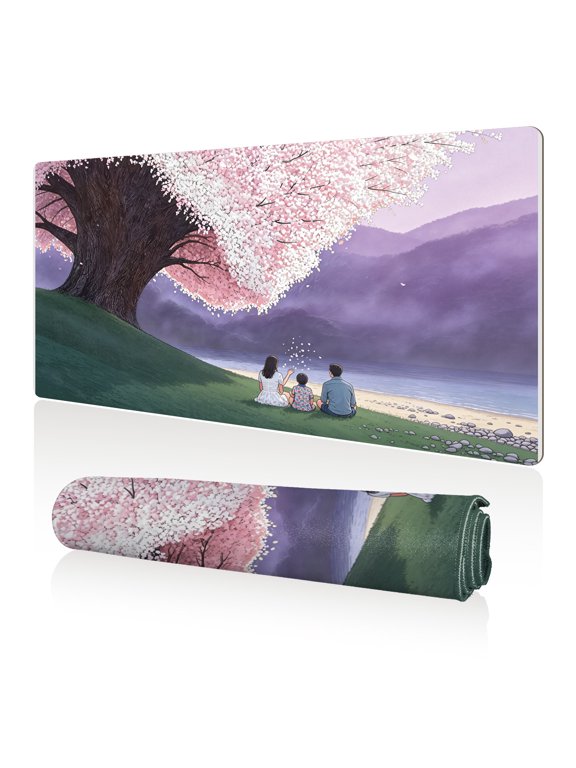 Mouse Pad 80x40cm Extra Large Non Slip Stitched Durable Easy Clean Family Under Cherry Blossom Tree by Lake for Gaming Office