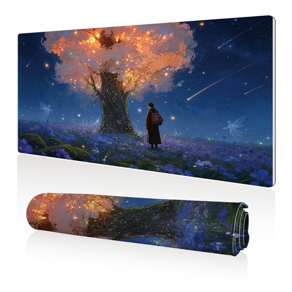 LIVEKEY Mouse Pad 80x40cm Extra Large Non Slip Stitched Durable Easy Clean Fantasy Tree with Glowing Lights Fairies and Shooting Stars for Gaming Office