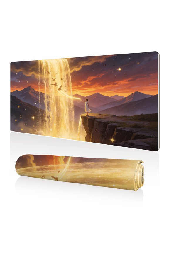 Mouse Pad 80x40cm Extra Large Non Slip Stitched Durable Easy Clean Fantasy Waterfall Sunset Girl Birds for Gaming Office
