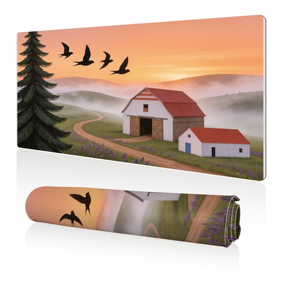 LIVEKEY Mouse Pad 80x40cm Extra Large Non Slip Stitched Durable Easy Clean Farmhouse Landscape Barn Birds Tree Mist Pattern for Gaming Office