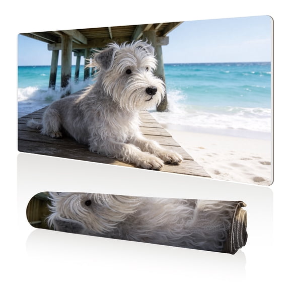 LIVEKEY Mouse Pad 80x40cm Extra Large Non Slip Stitched Durable Easy Clean Fluffy White Dog Beach Pier Ocean Waves Pattern for Gaming Office