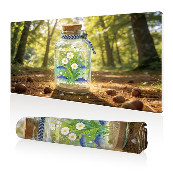 LIVEKEY Mouse Pad 80x40cm Extra Large Non Slip Stitched Durable Easy Clean Forest Jar Fish Flowers for Gaming Office