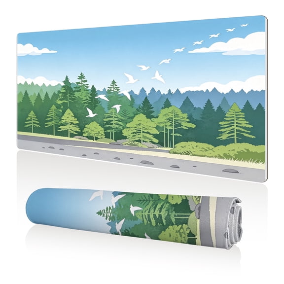 LIVEKEY Mouse Pad 80x40cm Extra Large Non Slip Stitched Durable Easy Clean Forest Road Birds Flying Landscape Pattern for Gaming Office