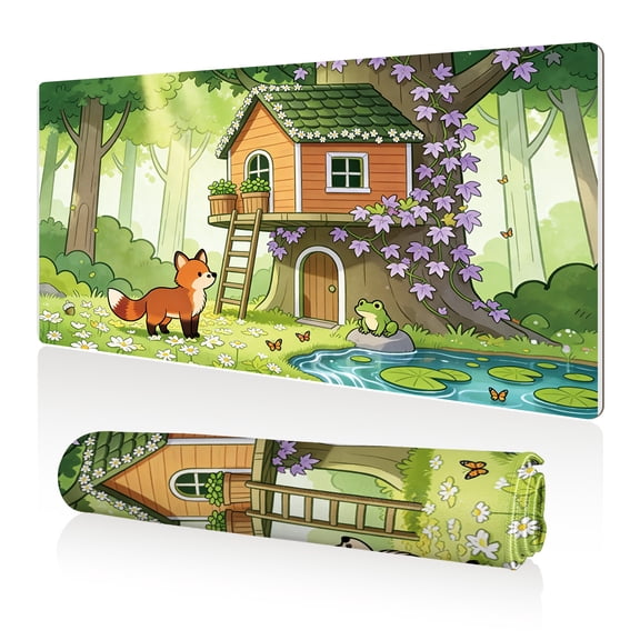 LIVEKEY Mouse Pad 80x40cm Extra Large Non Slip Stitched Durable Easy Clean Forest Treehouse Fox Frog Pond for Gaming Office