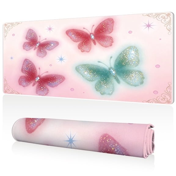 LIVEKEY Mouse Pad 80x40cm Extra Large Non Slip Stitched Durable Easy Clean Glitter Butterflies Stars Pink Background for Gaming Office