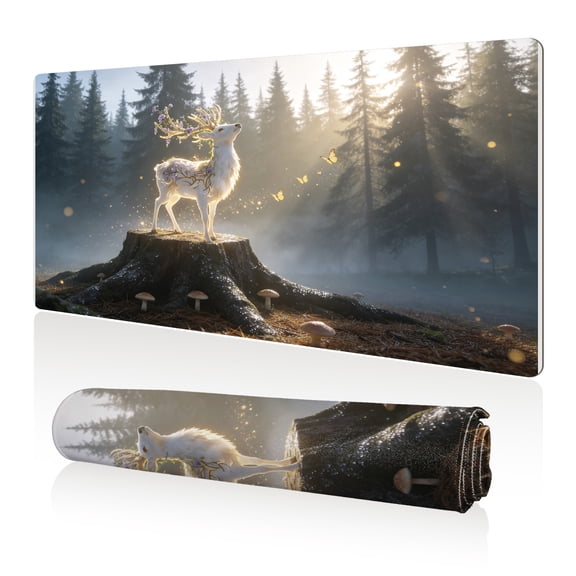 LIVEKEY Mouse Pad 80x40cm Extra Large Non Slip Stitched Durable Easy Clean Glowing Deer Tree Stump Butterfly Forest for Gaming Office