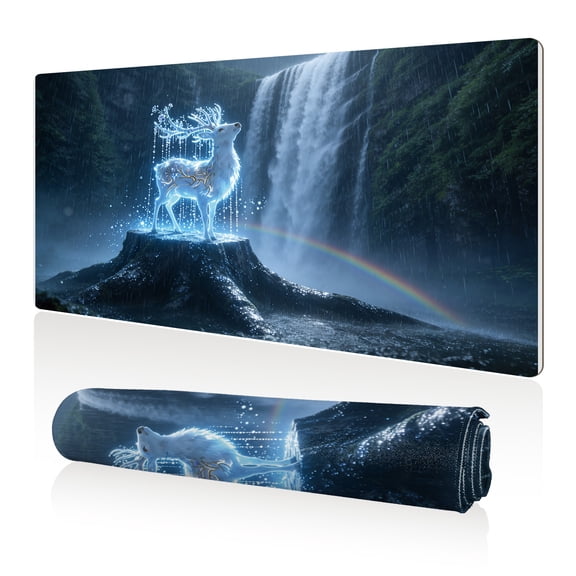 LIVEKEY Mouse Pad 80x40cm Extra Large Non Slip Stitched Durable Easy Clean Glowing Deer Waterfall Rainbow for Gaming Office