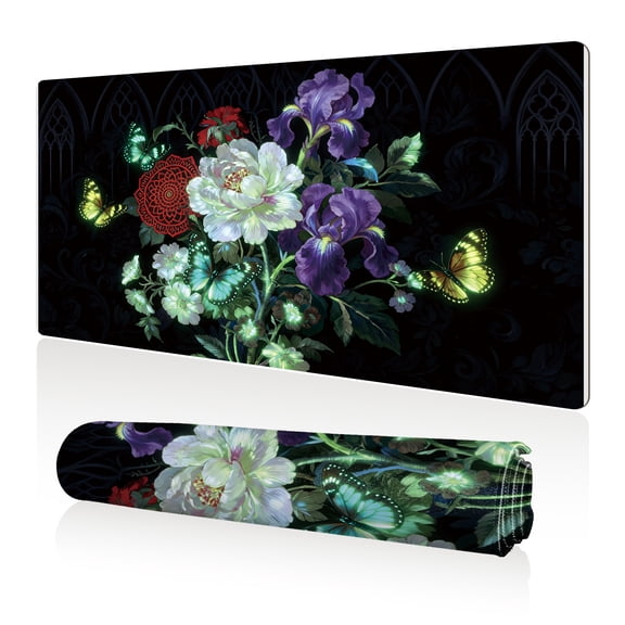LIVEKEY Mouse Pad 80x40cm Extra Large Non Slip Stitched Durable Easy Clean Gothic Floral Glow Butterflies Flowers for Gaming Office