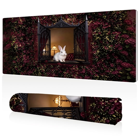 LIVEKEY Mouse Pad 80x40cm Extra Large Non Slip Stitched Durable Easy Clean Gothic Window White Rabbit Rose Pattern for Gaming Office