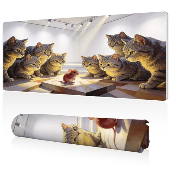 LIVEKEY Mouse Pad 80x40cm Extra Large Non Slip Stitched Durable Easy Clean Gray Cats Surrounding Mouse Art Gallery Pattern for Gaming Office