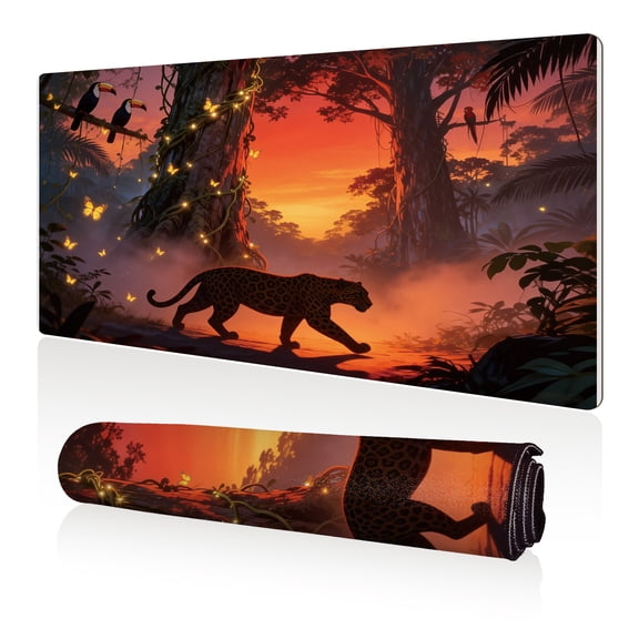 LIVEKEY Mouse Pad 80x40cm Extra Large Non Slip Stitched Durable Easy Clean Jungle Sunset Leopard Toucans Butterflies for Gaming Office
