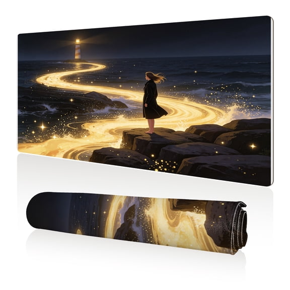 LIVEKEY Mouse Pad 80x40cm Extra Large Non Slip Stitched Durable Easy Clean Lighthouse Path Girl Waves Stars for Gaming Office