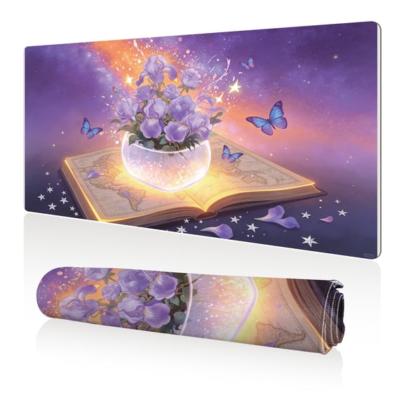 LIVEKEY Mouse Pad 80x40cm Extra Large Non Slip Stitched Durable Easy Clean Magical Book with Purple Flowers Butterflies and Starry Sky for Gaming Office