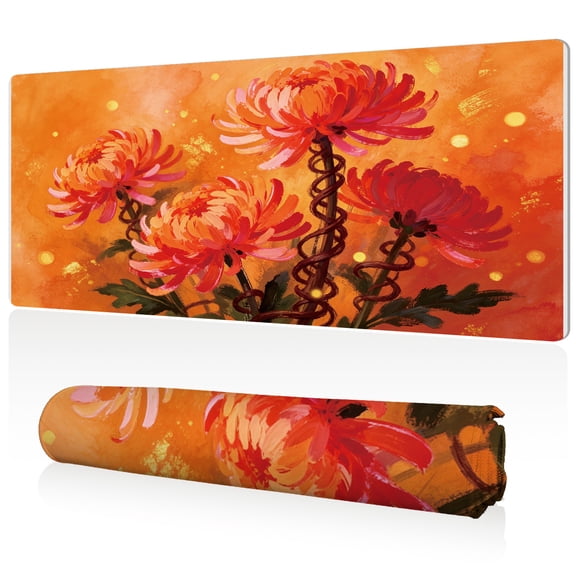 LIVEKEY Mouse Pad 80x40cm Extra Large Non Slip Stitched Durable Easy Clean Orange Chrysanthemum Flower Painting Pattern for Gaming Office