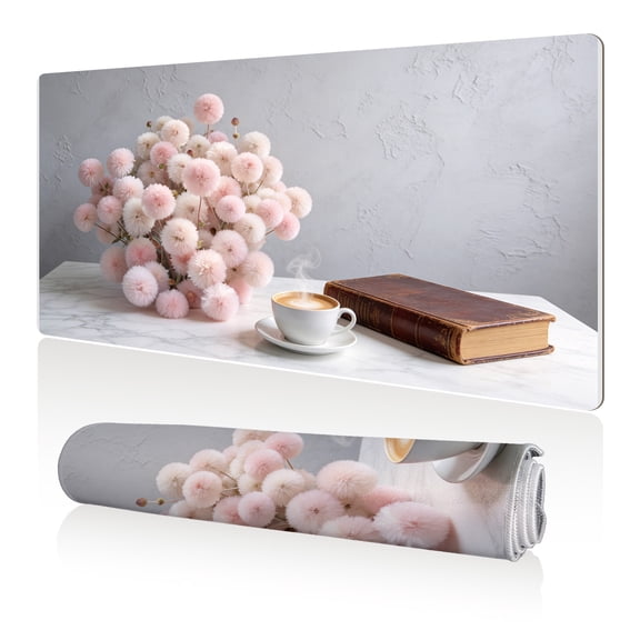 LIVEKEY Mouse Pad 80x40cm Extra Large Non Slip Stitched Durable Easy Clean Pink Flowers Coffee Book Marble Desk for Gaming Office