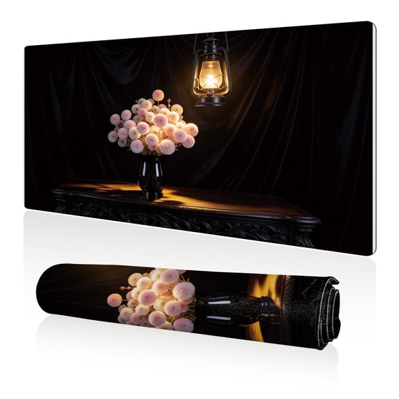 LIVEKEY Mouse Pad 80x40cm Extra Large Non Slip Stitched Durable Easy Clean Pink Flowers with Lantern on Black Background for Gaming Office