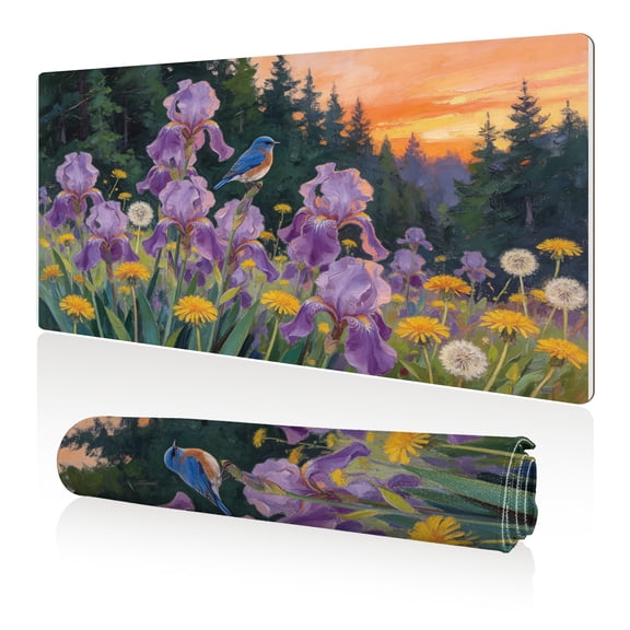 LIVEKEY Mouse Pad 80x40cm Extra Large Non Slip Stitched Durable Easy Clean Purple Irises Bluebird at Sunset for Gaming Office