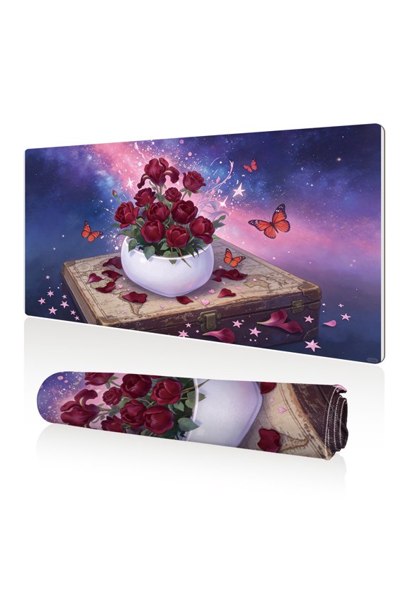 Mouse Pad 80x40cm Extra Large Non Slip Stitched Durable Easy Clean Red Roses in Vase on Vintage Suitcase with Butterflies Galaxy Background for Gaming Office