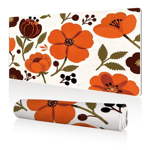 LIVEKEY Mouse Pad 80x40cm Extra Large Non Slip Stitched Durable Easy Clean Retro Orange Floral Pattern with Green Leaves Brown Berries for Gaming Office