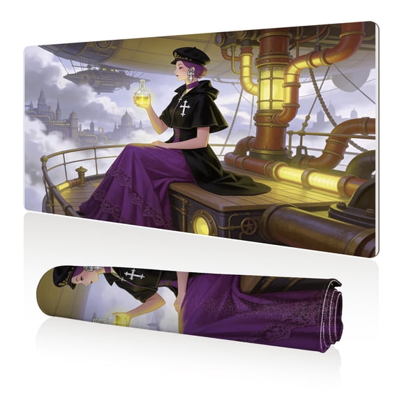 LIVEKEY Mouse Pad 80x40cm Extra Large Non Slip Stitched Durable Easy Clean Steampunk Girl Airship Purple Dress Flask for Gaming Office