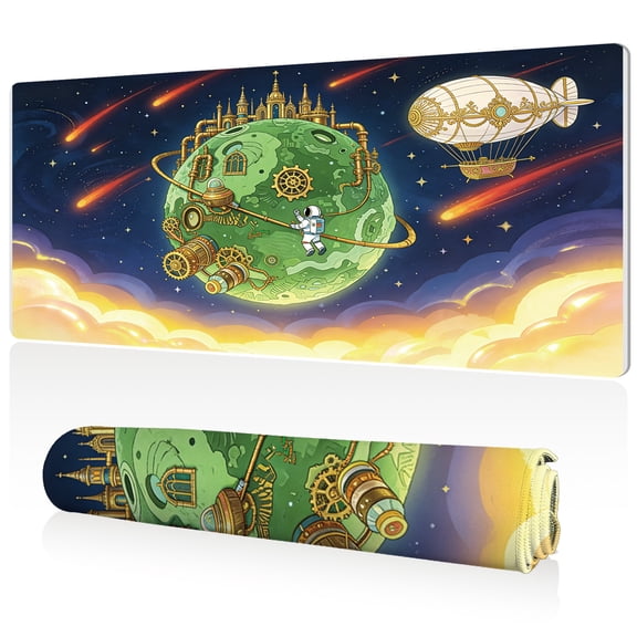 LIVEKEY Mouse Pad 80x40cm Extra Large Non Slip Stitched Durable Easy Clean Steampunk Planet Astronaut Airship Meteors for Gaming Office