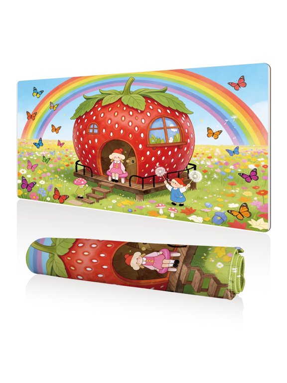 Mouse Pad 80x40cm Extra Large Non Slip Stitched Durable Easy Clean Strawberry House Rainbow Butterflies Kids Meadow for Gaming Office