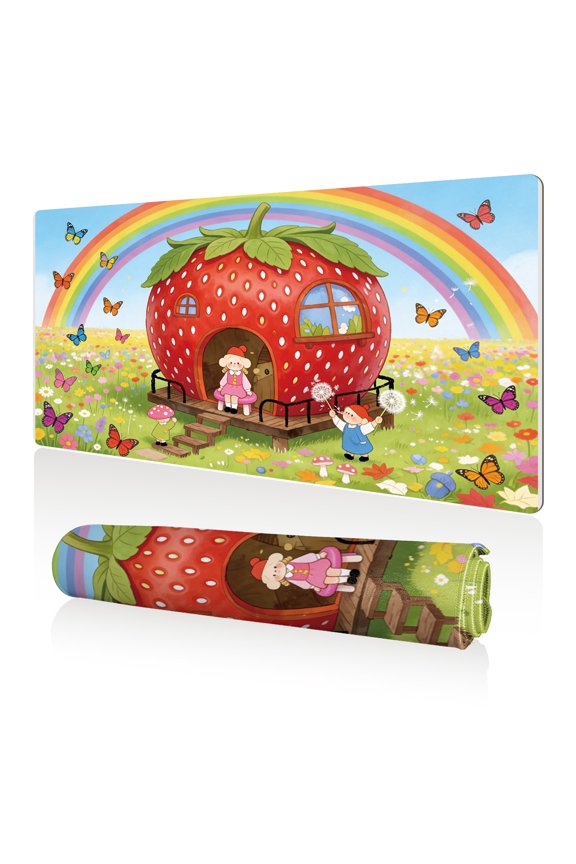 Mouse Pad 80x40cm Extra Large Non Slip Stitched Durable Easy Clean Strawberry House Rainbow Butterflies Kids Meadow for Gaming Office