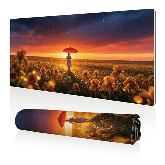 LIVEKEY Mouse Pad 80x40cm Extra Large Non Slip Stitched Durable Easy Clean Sunset Flower Field Umbrella for Gaming Office