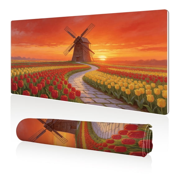 LIVEKEY Mouse Pad 80x40cm Extra Large Non Slip Stitched Durable Easy Clean Tulip Field Windmill Sunset Path for Gaming Office