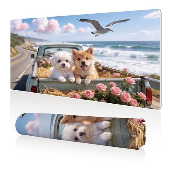 LIVEKEY Mouse Pad 80x40cm Extra Large Non Slip Stitched Durable Easy Clean Two Dogs in Truck with Roses Seagull Beach Road for Gaming Office