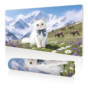 LIVEKEY Mouse Pad 80x40cm Extra Large Non Slip Stitched Durable Easy Clean White Cat with Bow Mountain Meadow Goats for Gaming Office