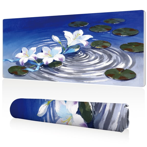 LIVEKEY Mouse Pad 80x40cm Extra Large Non Slip Stitched Durable Easy Clean White Lilies Water Ripples Green Leaves Pattern for Gaming Office