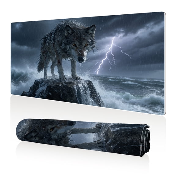 LIVEKEY Mouse Pad 80x40cm Extra Large Non Slip Stitched Durable Easy Clean Wolf Storm Lightning Ocean Rock for Gaming Office