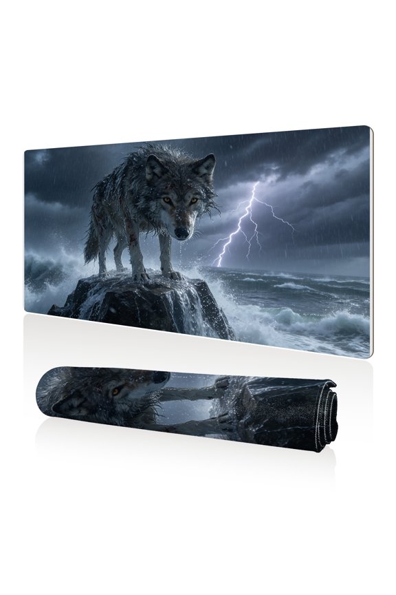 Mouse Pad 80x40cm Extra Large Non Slip Stitched Durable Easy Clean Wolf Storm Lightning Ocean Rock for Gaming Office