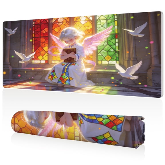 LIVEKEY Mouse Pad 80x40cm Extra Large Non Slip Stitched Edges Full Coverage Durable Easy Clean Angel Child Reading Book By Stained Glass Window With Doves Art for Gaming Office