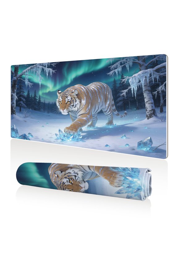 Mouse Pad 80x40cm Extra Large Non Slip Stitched Edges Full Coverage Durable Easy Clean Aurora Tiger Snow Crystal Art for Gaming Office