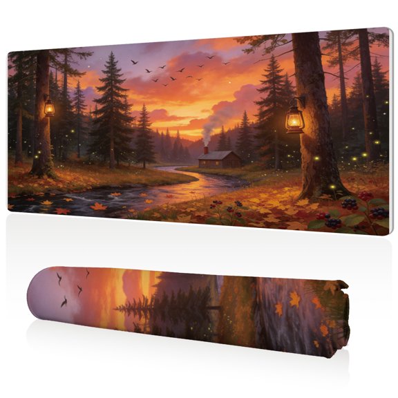 LIVEKEY Mouse Pad 80x40cm Extra Large Non Slip Stitched Edges Full Coverage Durable Easy Clean Autumn Forest Cabin with Lanterns Fireflies and River Sunset Art for Gaming Office