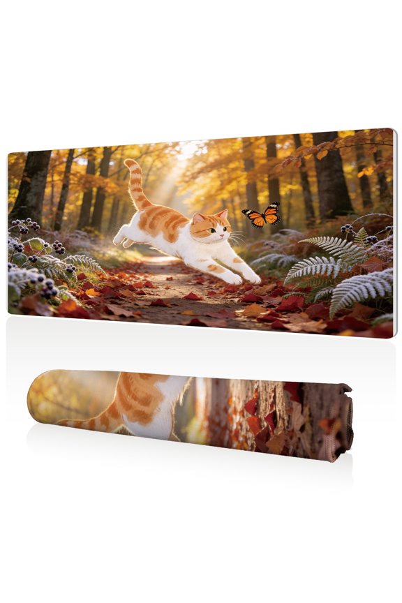 Mouse Pad 80x40cm Extra Large Non Slip Stitched Edges Full Coverage Durable Easy Clean Autumn Forest Cat Chasing Butterfly Art for Gaming Office