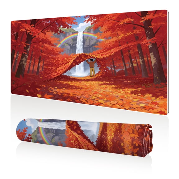 LIVEKEY Mouse Pad 80x40cm Extra Large Non Slip Stitched Edges Full Coverage Durable Easy Clean Autumn Forest Waterfall Rainbow Art for Gaming Office