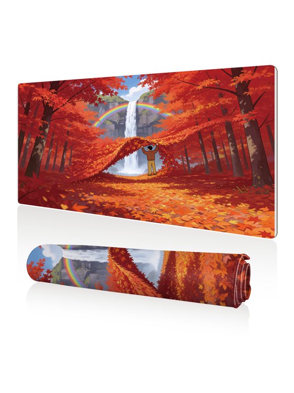Mouse Pad 80x40cm Extra Large Non Slip Stitched Edges Full Coverage Durable Easy Clean Autumn Forest Waterfall Rainbow Art for Gaming Office