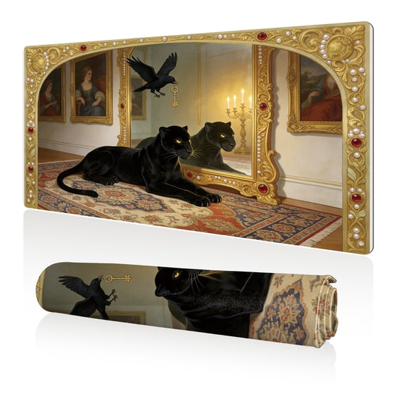 LIVEKEY Mouse Pad 80x40cm Extra Large Non Slip Stitched Edges Full Coverage Durable Easy Clean Baroque Black Panther with Mirror Raven Key and Ornate Gold Frame Art for Gaming Office