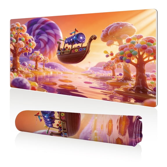 LIVEKEY Mouse Pad 80x40cm Extra Large Non Slip Stitched Edges Full Coverage Durable Easy Clean Candyland Spaceship Lollipop Art for Gaming Office