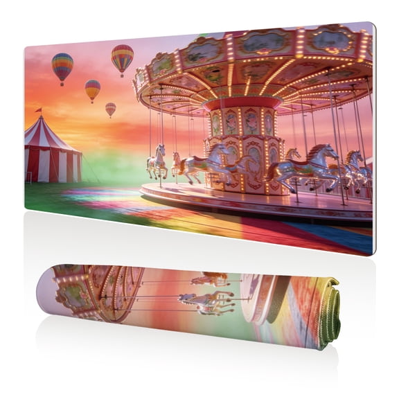 LIVEKEY Mouse Pad 80x40cm Extra Large Non Slip Stitched Edges Full Coverage Durable Easy Clean Carousel Hot Air Balloon Sunset Carnival Art for Gaming Office