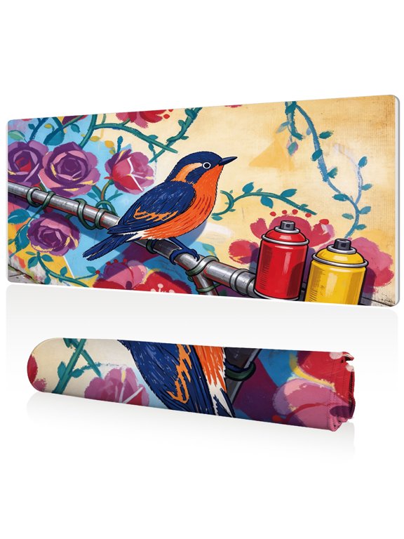 Mouse Pad 80x40cm Extra Large Non Slip Stitched Edges Full Coverage Durable Easy Clean Colorful Bird with Spray Cans and Roses Art for Gaming Office