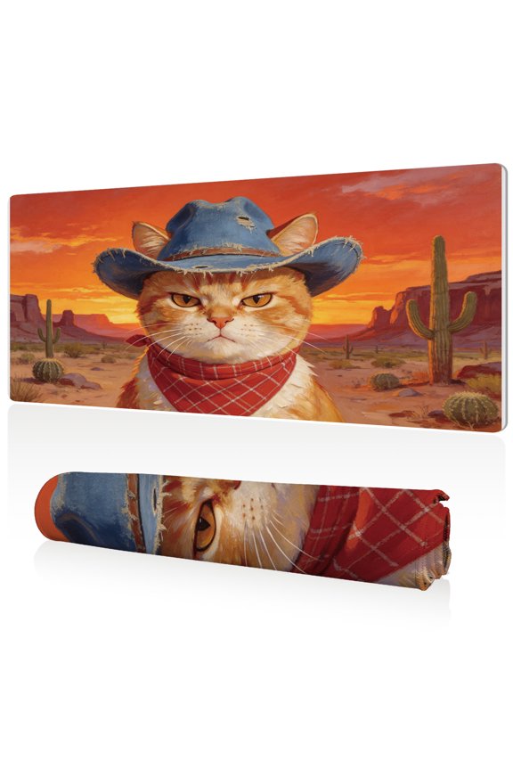 Mouse Pad 80x40cm Extra Large Non Slip Stitched Edges Full Coverage Durable Easy Clean Cowboy Cat Desert Sunset Art for Gaming Office