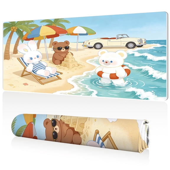 LIVEKEY Mouse Pad 80x40cm Extra Large Non Slip Stitched Edges Full Coverage Durable Easy Clean Cute Beach Animals Summer Vacation Scene Art for Gaming Office