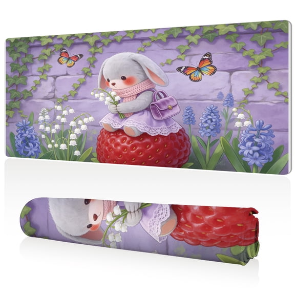 LIVEKEY Mouse Pad 80x40cm Extra Large Non Slip Stitched Edges Full Coverage Durable Easy Clean Cute Bunny with Flowers on Raspberry in Garden Art for Gaming Office